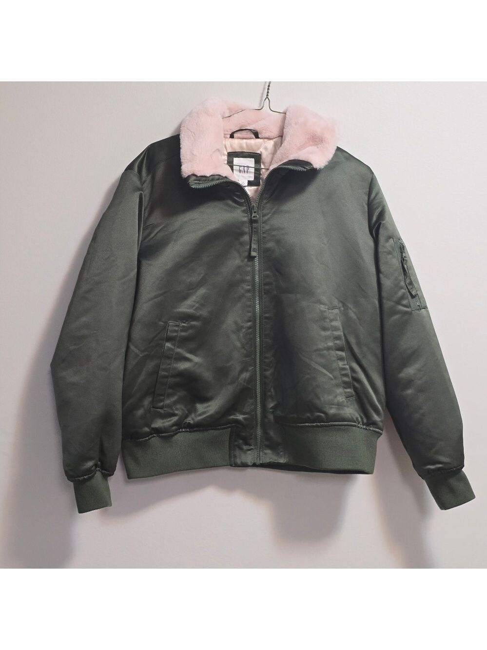 Gap Army Green Bomber Jacket with Pink Faux Fur Collar